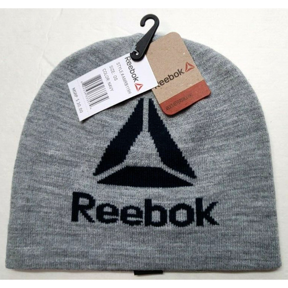 Reebok Men's Beanie Hat Gray Blue One Size Reversible Big Logo Knit Warm MSRP$30 - Picture 1 of 7